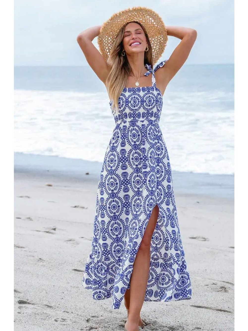 Coastal Boho Colbalt Blue Maxi Sundress Size S Smocked Flowy Resort Vacation